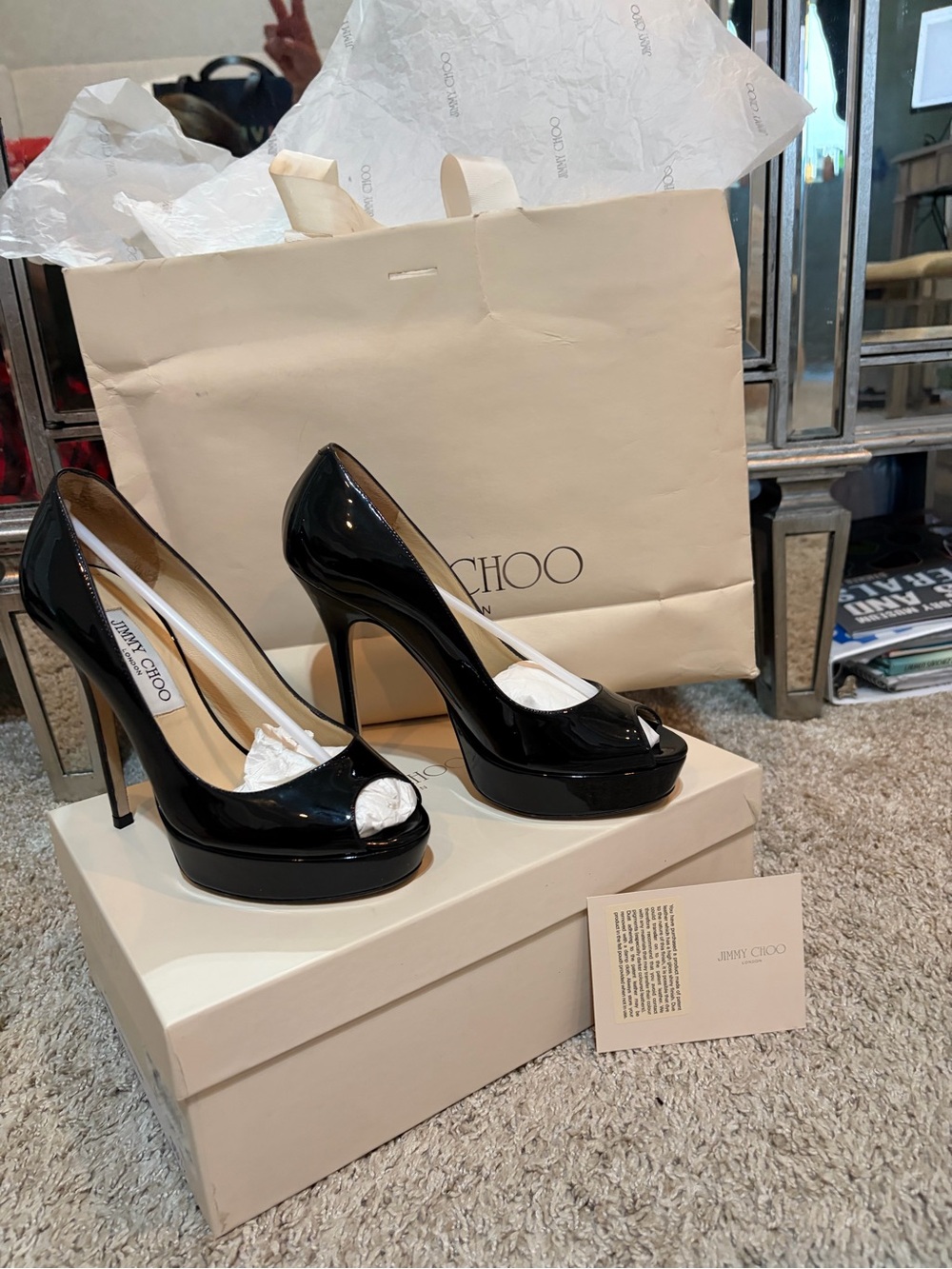Jimmy Choo Black Patent Leather Peep-Toe Platform Heels